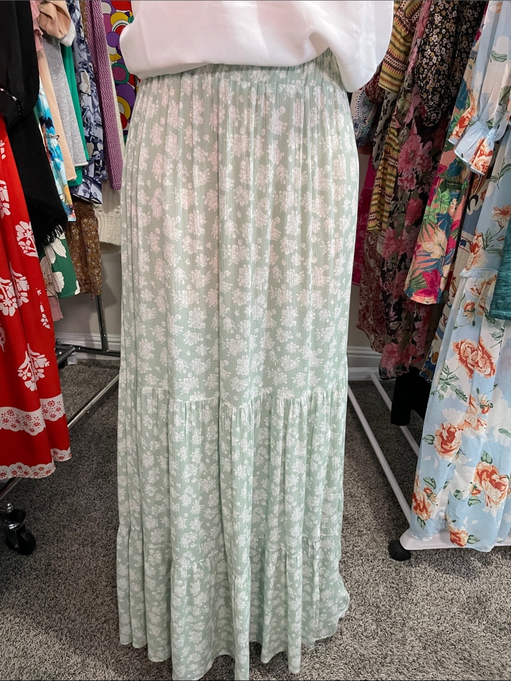 Altar'd State Mint Green Floral Tiered Maxi Skirt